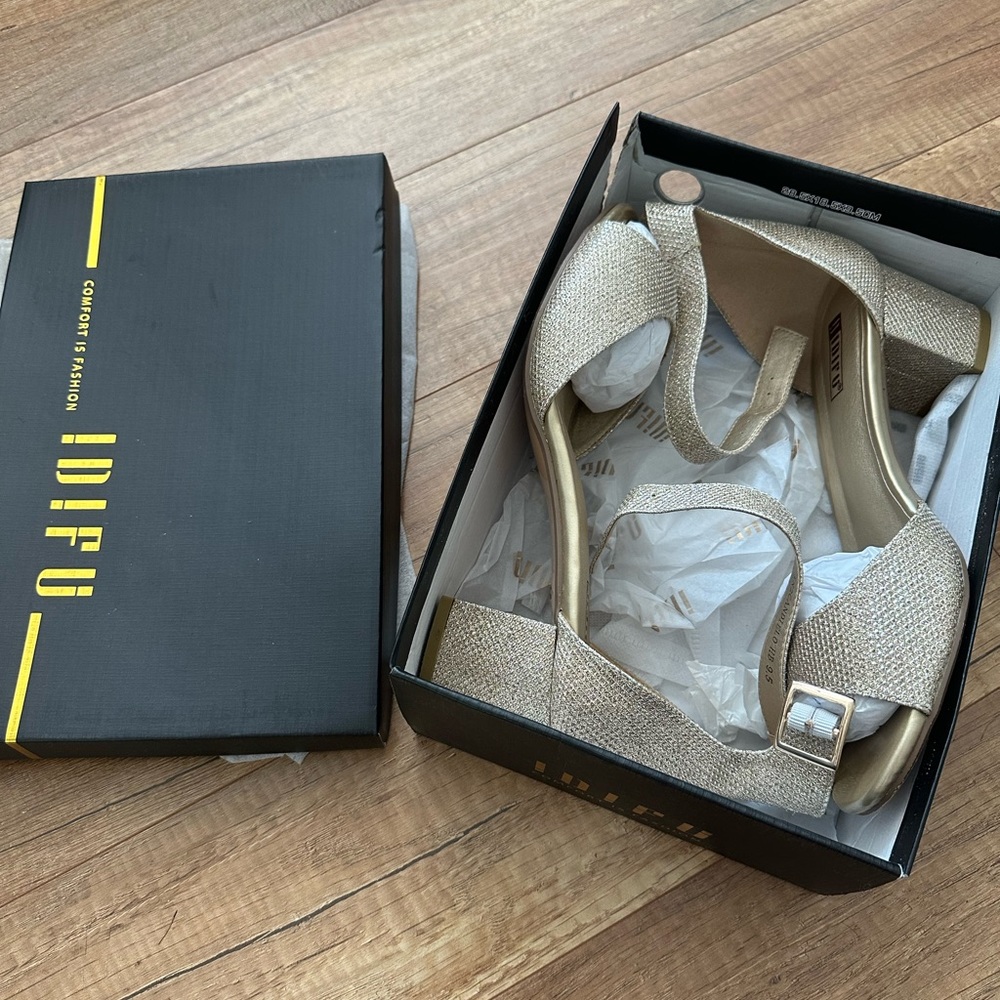 IDIFU Gold Glitter Women’s Block Heels